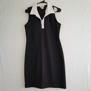 Expressions Fitted Black White Midi Bodycon Dress Sleeveless Collar Medium